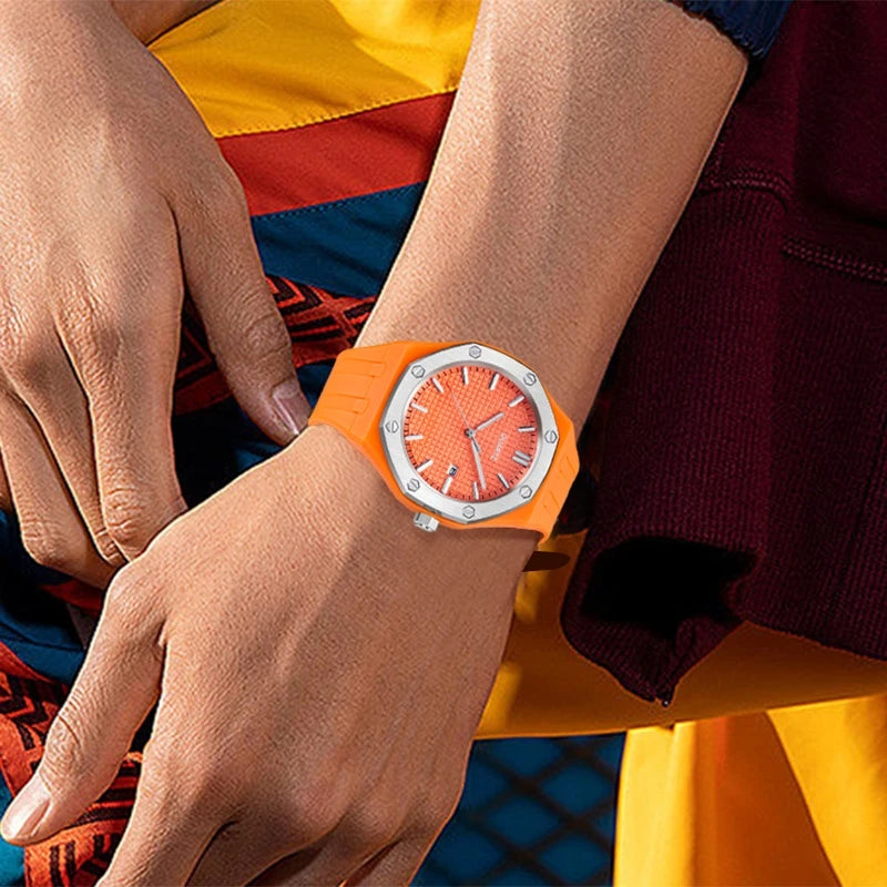 Person wearing an orange business watch