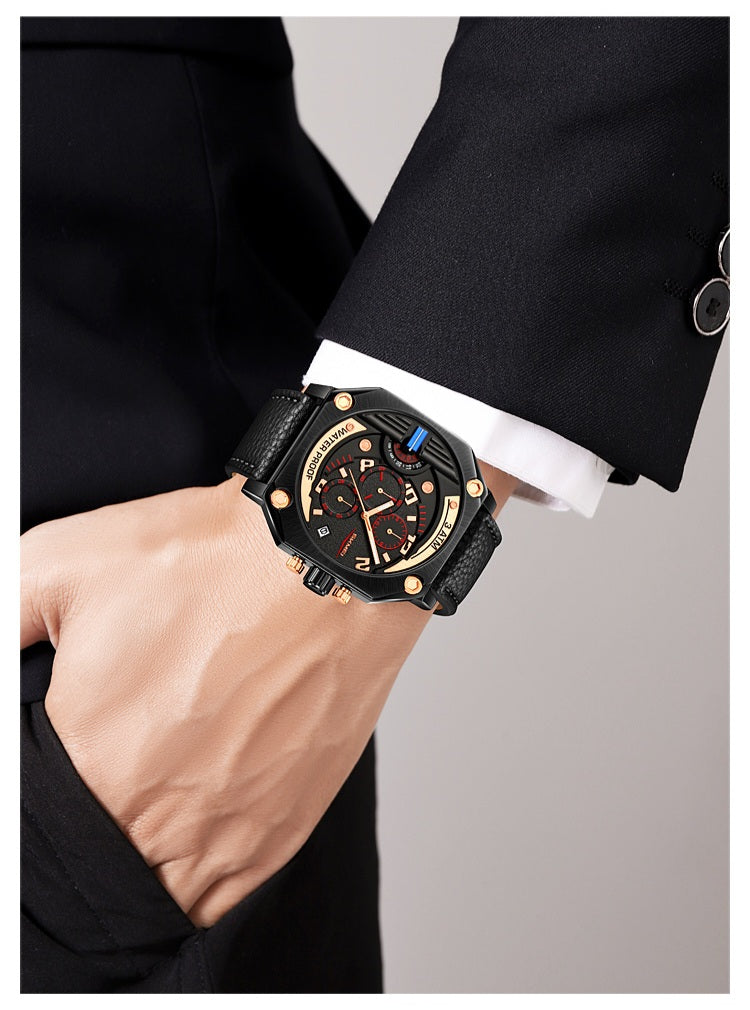 A person wears a black Sleek Time watch