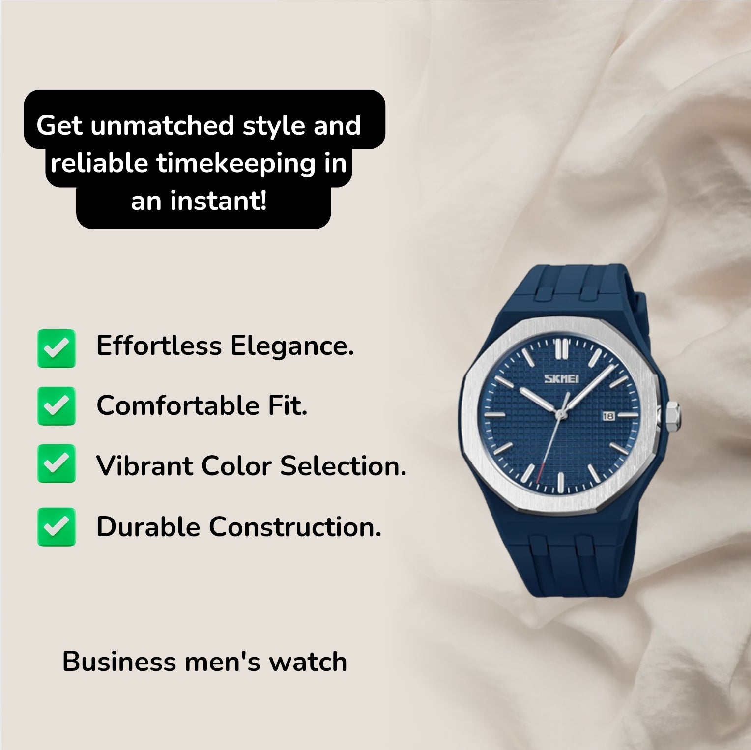 Features of the Business Men's Watch
Effortless elegance.
Comfortable fit.
Choose vibrant colors.
Solid construction.
Reliable performance.
Packaging is ready for gifting.