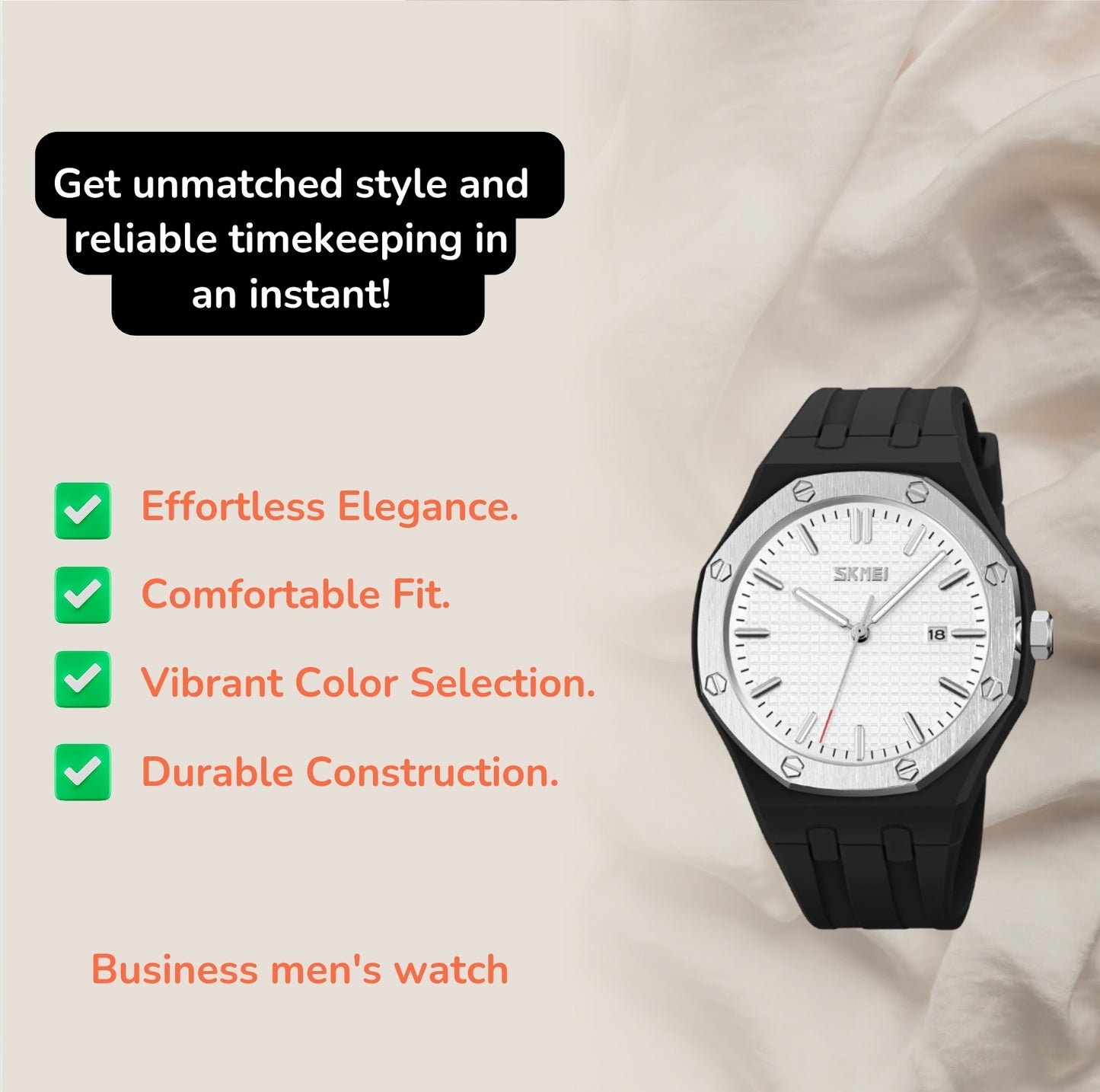 Features of the Business Men's Watch
Effortless elegance.
Comfortable fit.
Choose vibrant colors.
Solid construction.
Reliable performance.
Packaging is ready for gifting.