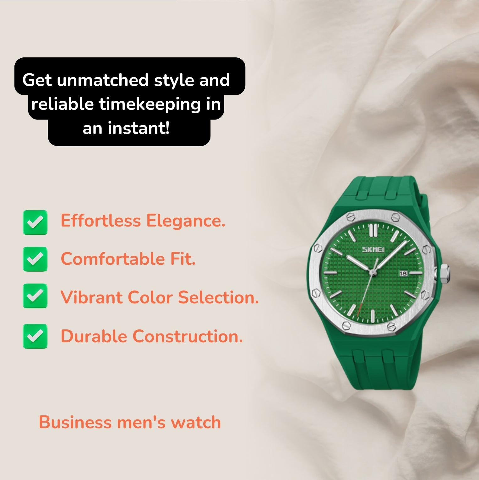 Features of the Business Men's Watch
Effortless elegance.
Comfortable fit.
Choose vibrant colors.
Solid construction.
Reliable performance.
Packaging is ready for gifting.