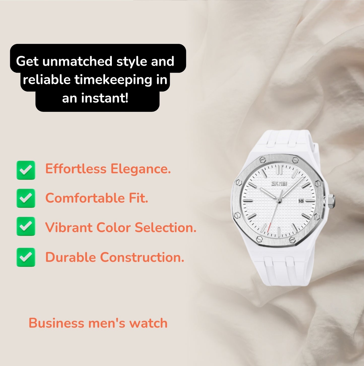 Features of the Business Men's Watch
Effortless elegance.
Comfortable fit.
Choose vibrant colors.
Solid construction.
Reliable performance.
Packaging is ready for gifting.