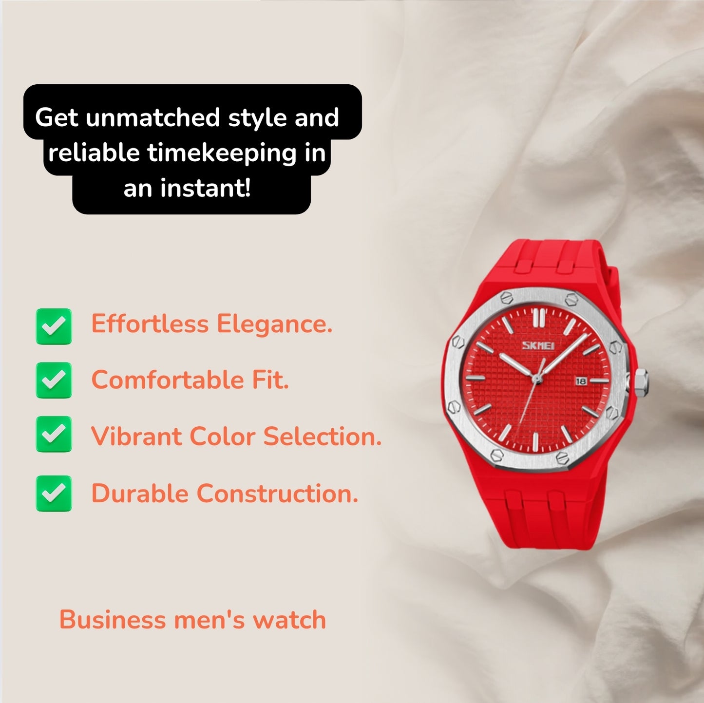 Features of the Business Men's Watch
Effortless elegance.
Comfortable fit.
Choose vibrant colors.
Solid construction.
Reliable performance.
Packaging is ready for gifting.