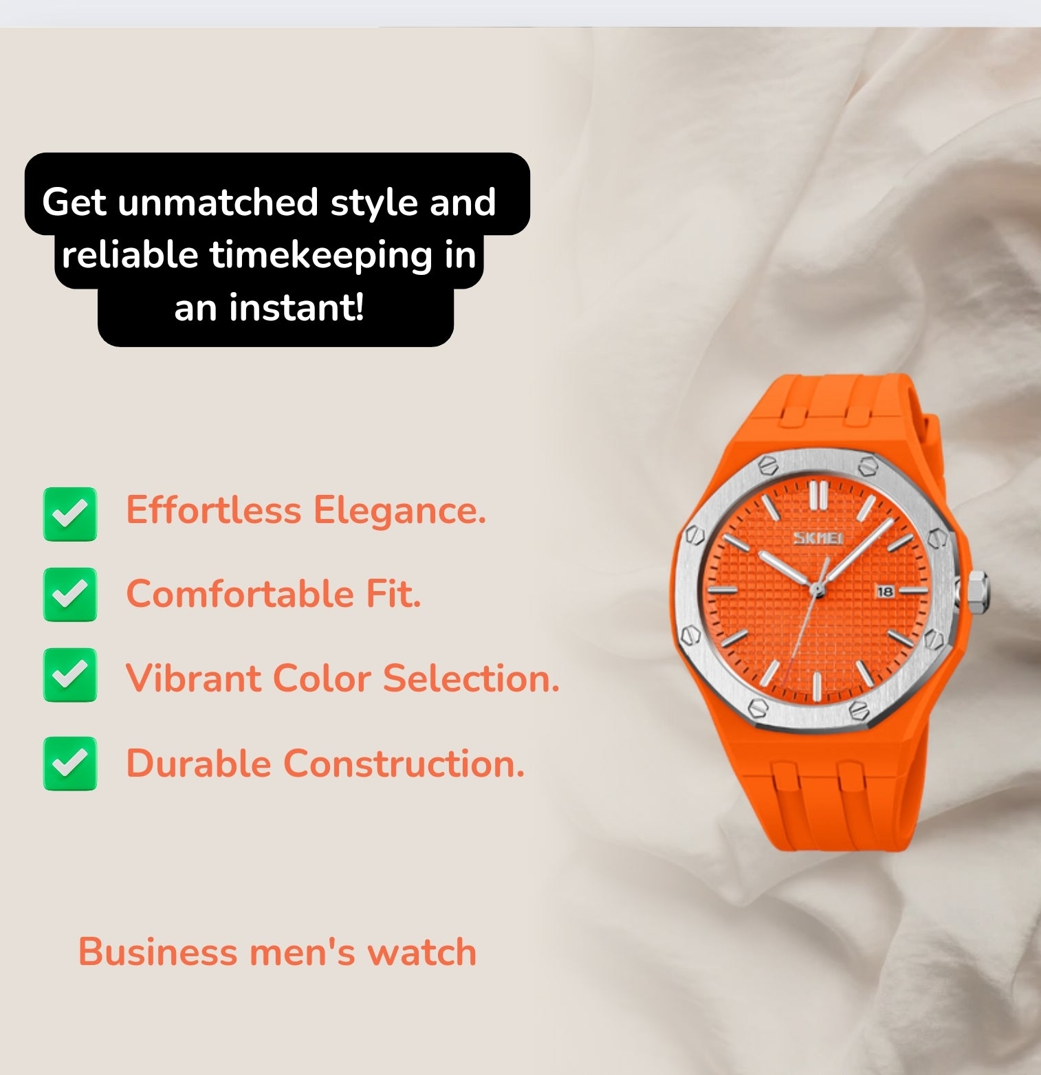 Features of the Business Men's Watch
Effortless elegance.
Comfortable fit.
Choose vibrant colors.
Solid construction.
Reliable performance.
Packaging is ready for gifting.